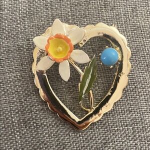 Vintage Coro Gold Heart Brooch with White Flower and Blue Accent
